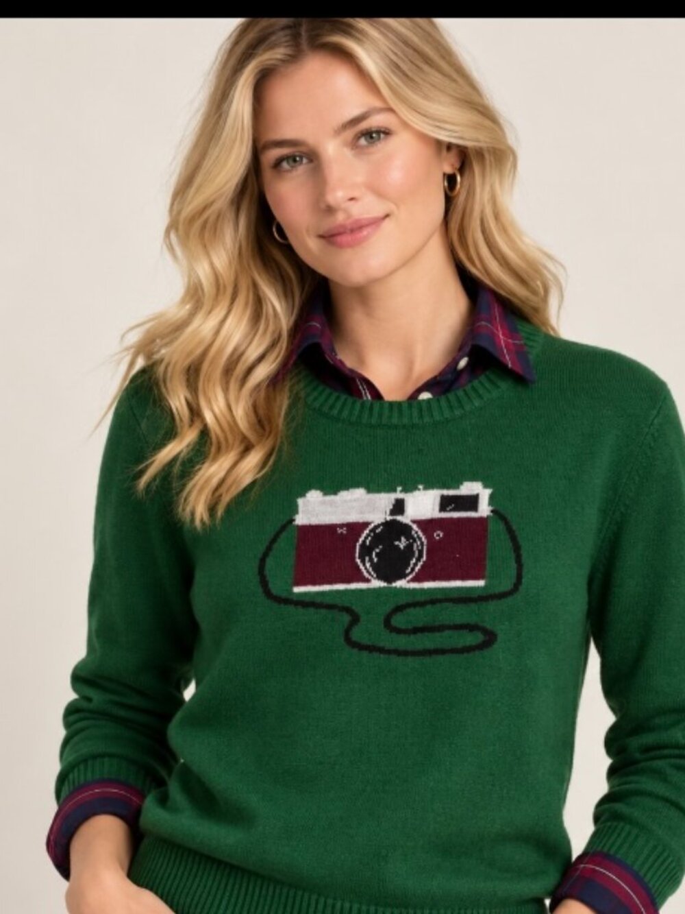 Tommy Hilfiger green camera graphic crew neck sweater L preppy vintage